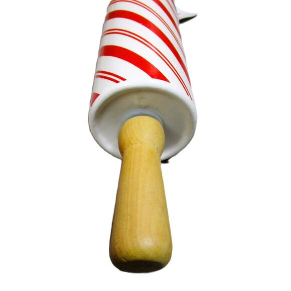 Ceramic Rolling Pin with Wood Handles Candy Cane Striped Holiday Baking Tool - Picture 2 of 2